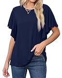 PrinStory Womens Oversized Tops Summer Short Ruffle Sleeves Blouse Casual Round Neck Shirt Navy Blue