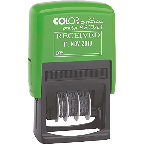 COLOP S260/L1 Green Line RECEIVED Date Stamp | 105639 | Eco-Friendly Text Dater | Self-Inking 45x54mm - Blue & Red Ink