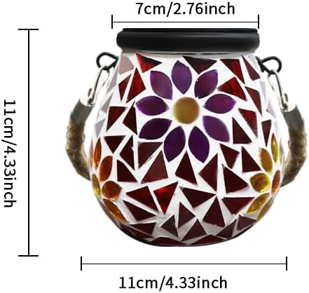 Mosaic Glass Solar Garden Light, 11 cm Hanging Lantern, Red Floral Pattern with LED