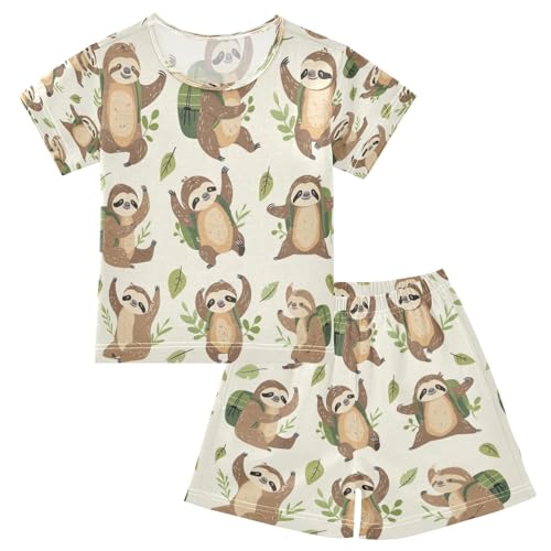 Sloth with Leaf Kids Pjs Set Boys Girls Summer Short-Sleeve Sleepwear Pajamas 2PCS