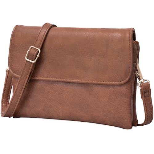 Toptime Umhängetasche Damen Klein, PU Leder Handytasche zum Umhängen mit Kartenfächer, Crossbody Bag mit Verstellbarer Schultergurt, Braun Handtasche Damen mit Mehreren Taschen für Reisen Einkaufen