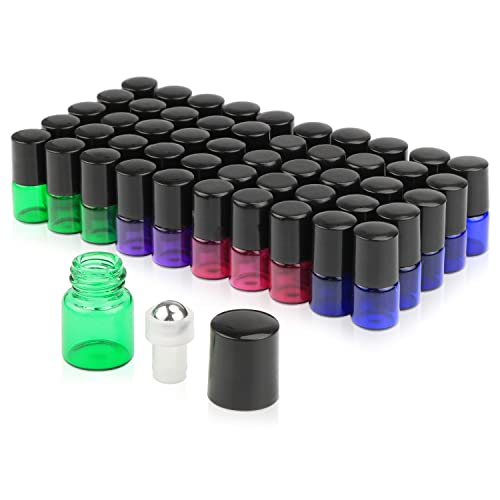 Furnido Pack of 50,1ml (1/4 Dram) Glass Roll on Bottle Mixed Color Sample Test Roller Essential Oil Vials Stainless Steel Roller Balls With Black Cap For Aromatherapy,Perfume Oils-Pipette included
