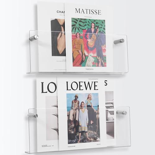GENMOUS 2-Pack Clear Acrylic Magazine Holder, 15.5 Inch Wall Mount Hanging Bookshelf Magazine Rack - Brochure File Display Shelf for Waiting Room, Living Room, Office, Home