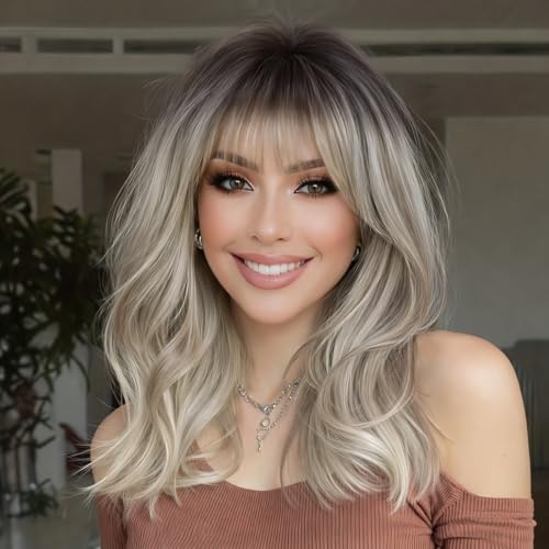 XIXIBI Ombre Blonde Wigs for Women Platinum Blonde Layered Wavy Wig with Bangs 4x4 Realistic Scalp Free Parting Realistic Beginner Friendly Wig for Daily Party Cosplay Use