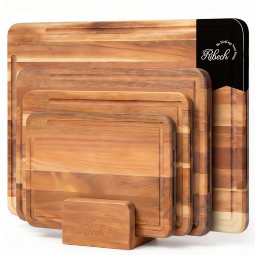 Ribech Planche à Découper Set 4 Pièces en Acacia Massif avec Support | 40x30cm 33x24cm 26x18cm 21 x 15 cm | Planches Épaisses 2cm avec Rainure à Jus