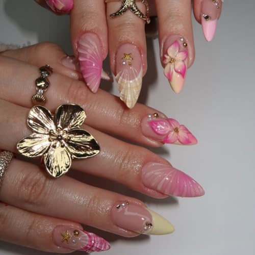 MouyouGlow Press on Nails Kurz,Almond Rosa French 3D Blumen Floral Water Rib Seesterne Pearl Design Mandel Fake Nails mit Nagelkleber,Pink Tips Flowers Sommer INS Y2k Künstliche Fingernägel