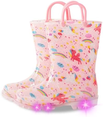 Toddler Rain Boots Kids Light Up Rain Boots for Girls Unicorn Waterproof Glitter Rainboot with Easy Pull On Handles, Little Kid Size 13