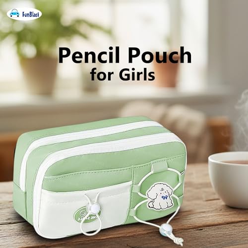 Image of FunBlast Pencil Pouch for Girls - Aesthetic Multi-Compartment Zipper Pouch with Drawstring Pocket, Cute Kawaii Pencil Case, Stylish Stationery Pouch, Return Gift for Kids & School Use (Green2)