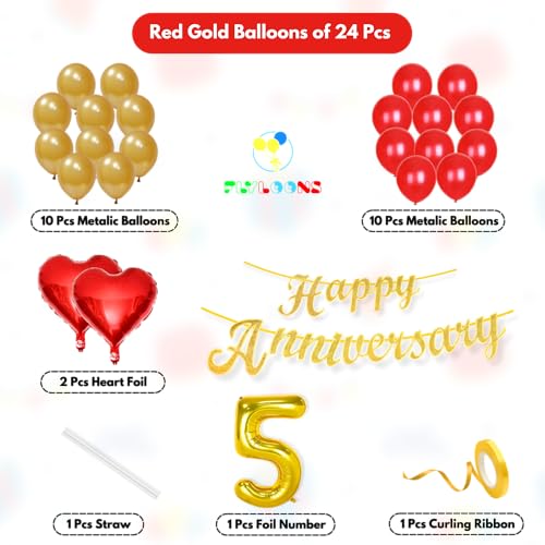 Image of Flyloons 5th Happy Anniversary Decoration Items Red Gold for Men Women Husband Wife Mom Dad Parent Couple Home Bedroom Car With 20 Pcs Metallic Balloons Anniversary Banner 2 Pcs Heart Set Kit
