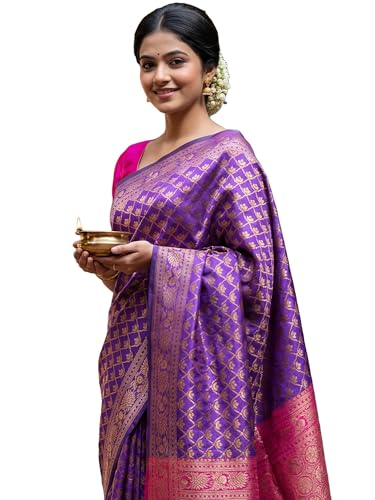 Image of AKHILAM Women's Kanjivaram Pure Soft Silk Saree For Women Saree With Unstitched Blouse Piece |Soft banarasi saree for women|silk saree pure silk