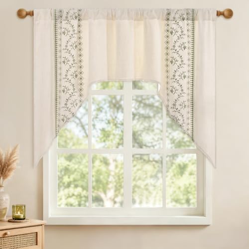 Image of Yinhua Boho Swag Curtains Sage Green Embroidered Floral Valances for Windows, Light Filtering Farmhouse Window Valances Rod Pocket Kitchen Curtains Valance for Living Room, Bathroom, 60 inch W x 36 inch L