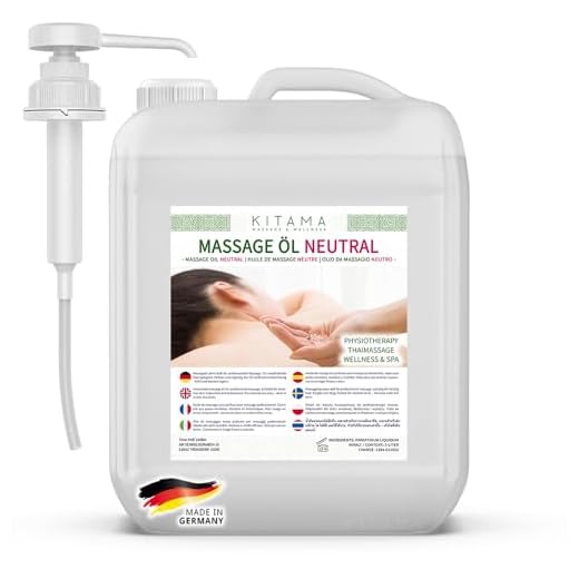 Kitama Aceite de masaje neutro de 5 litros con bomba DIN 45 - Aceite de masaje profesional para fisioterapia Masaje tailandés Masaje neutro, sin color y conservantes en calidad de farmacopea