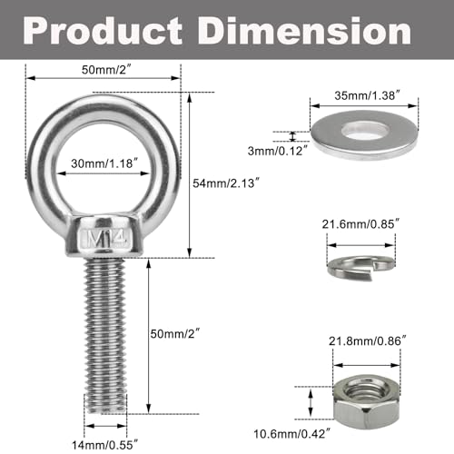 Image of M14 Stainless Steel Eye Bolts with Nuts 2 Pack, M14 x 50mm (9 /16 inch x 2 inch) Lifting Shoulder Ring Eye Bolt for Boat & Hang, Heavy Duty Strong Marine Grade Threaded Eyebolts for Tie Down Outdoor