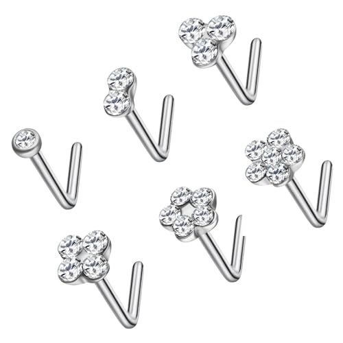 NewkeepsR Steel 6pcs-20G L Shaped Flower Nose Ring Studs for Women, Set Clear Austrian Gems Hypoallergenic Nose Piercing Jewelry