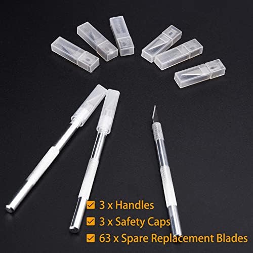 Upgrade Precision Hobby Knife Set, 3 Metal Pens Handles+ 63 Spare Replacement Blades with Cap Mini Craft Utility Knife Cutting Tools Kit for DIY Art, Pencil, Stencil, Carving Work, Scrapbooking - 1