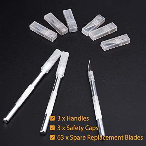 Upgrade Precision Hobby Knife Set, 3 Metal Pens Handles+ 63 Spare Replacement Blades with Cap Mini Craft Utility Knife Cutting Tools Kit for DIY Art, Pencil, Stencil, Carving Work, Scrapbooking