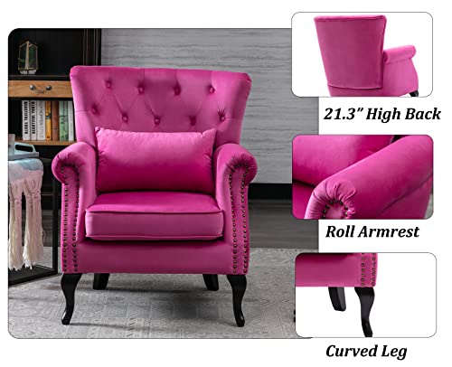 Dm Furniture Mid Century Accent Chair Modern Button Tufted Armchair Wingback Club Chair Velvet Single Sofa Lounge Chair With Pillow For Living Room Bedroom, Rose Pink #TOP6