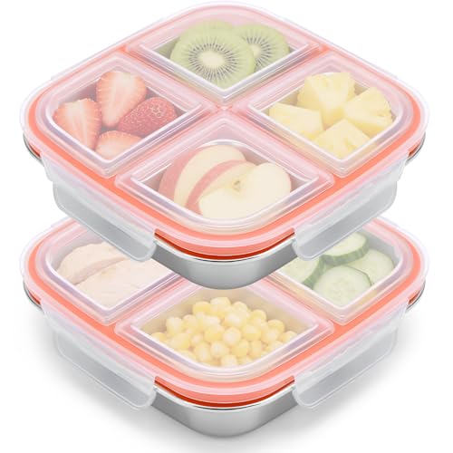 QGGTQG Snackbox mit 4 Fächern 2 Stück Edelstahl Brotdose 600ML Leckdichte Snackdose mit Deckel Wiederverwendbare Brotdose Kinder Metall Lunchbox für Obst, Gemüse, Fleisch, Süßigkeiten, Nüsse (Weiß)