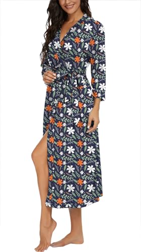 Image of VINTATRE Robes for Women Long Knit Bathrobe XS-4XL | 3 /4 Sleeve Bathrobes with Pockets, Stretchy and Lightweight Fabric, Inner Tie and Fixed Outer Matching Belt, Mid Calf Length