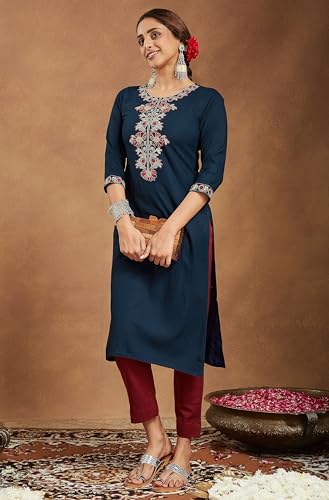 Image of Janasya Women's Navy Blue Rayon Embroidered Straight Kurta