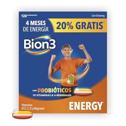 Bion3 Energy Comprimidos Multivitamínicos con Probióticos, Complemento para Energía Física y Mental, Reducción de Fatiga, Magnesio, Vitamina C, D, Complejo B, Ginseng, 120 comprimidos (4x30)
