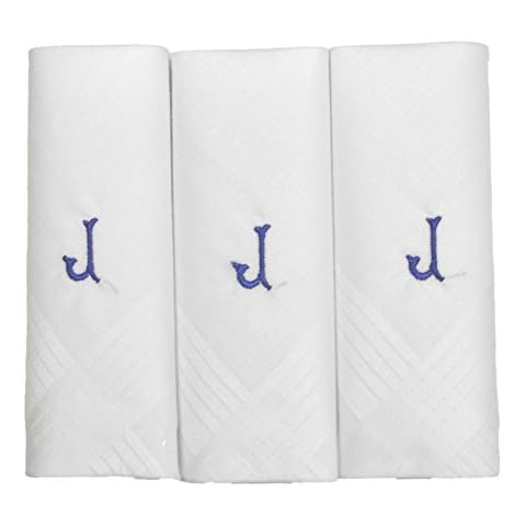 Mens/Gentlemens 3 Pack Plain White Handkerchiefs With 1 Letter Name Initials, J Cover