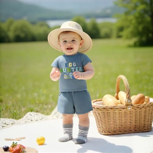 Ayalinggo Baby Boy Girl Easter Outfit Egg Letters Embroidery T Shirt Elastic Waist Pockets Shorts Sets Toddler Summer Clothes (Blue, 3-4T)