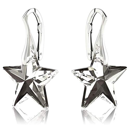 Royal Crystals 925 Sterling Silver Made with Imitation of Crystals Grey Black Star Dangle Leverback Earrings