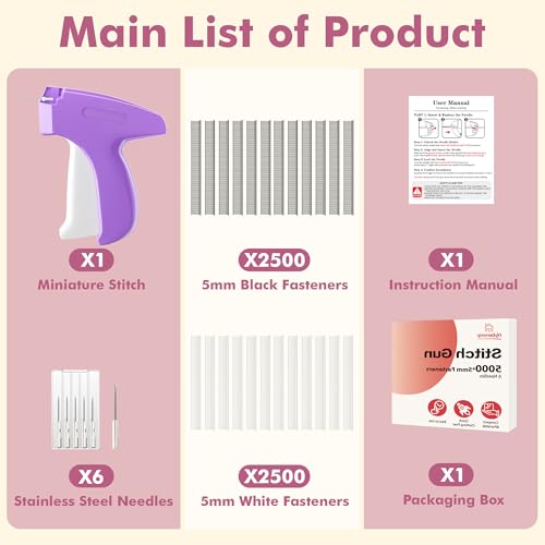 Image of Stitch Gun for Clothes, Tagging Gun, Quick Clothing Fixer, Violet | 5000 Fasteners, 0.04 inch Fine Needle, 6 Needles, Portable, Handheld, Compact, Lightweight, Easy to Use, Versatility, Durable