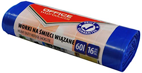 Officer Products 22024329-01 Lot de 16 Sacs Poubelle avec poignées 60 l (LDHD) | Sacs Poubelle pour déchets ménagers pour Le Bureau | Couleur : Bleu | Épaisseur du Film : 16 µm