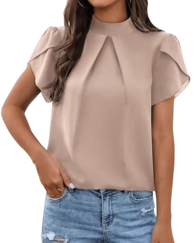 Arevill Bluse Damen Kurzarm Tunika Sommer Stehkragen Chiffon Oberteile Tops...