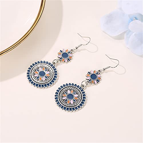 Coadipress Vintage Bohemian Round Earrings For Women Girls Unique Long Retro Sunflower Ethnic Palace Circle Metal Ethnic Dangle Drop Statement Earrings Jewelry (Bohemian Blue Flower) #TOP3