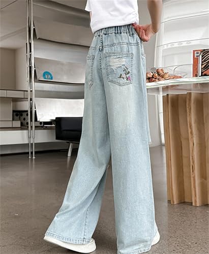 SANGTREE Kids Girls Wide-Leg Jeans Embroidered Ripped Denim Pants, 4-14 Years4