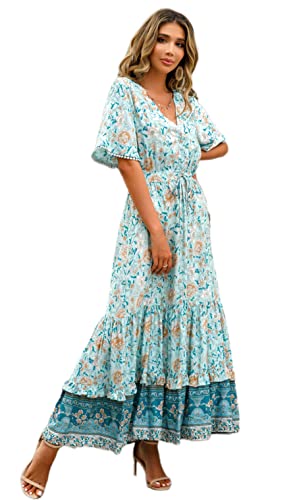 R.Vivimos Damen Sommer Boho V-Ausschnitt Button Up Kurzarm böhmischen Print Rüsche Rand Strand Stil Lange Maxi Kleid...