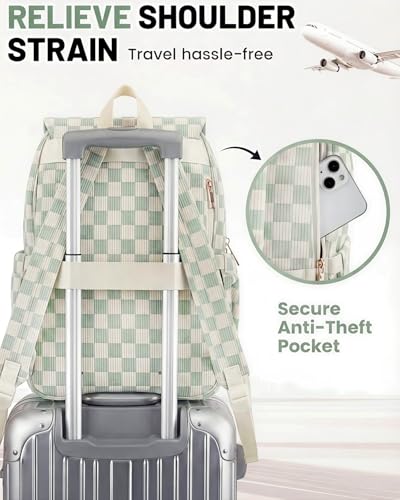 Image of Corduroy Laptop Backpack for Women, Fits 15.6 Inch Computer Bag, College Bookbag Travel Daypack Purse, Work Business Bags - Corduroy Checkered Green