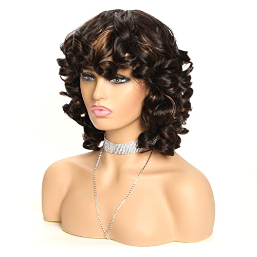 Curly Wig with Bangs for Black Women, Synthetic Afro Big Curls Fluffy Wig High Temperature Heat Resistant Replacement Wigs Kinky Curly Daily Wig Natrual Looking (M1B/30)