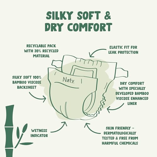 Naty Bamboo Viscose Baby Diapers – Silky Soft, Plant Based, Dermatologically Tested for Sensitive Skin & Super Absorbent (Size 6, 120 Count)
