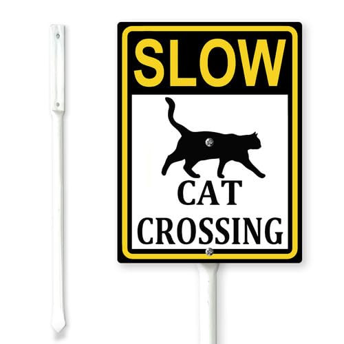FemiaD Slow Cat Crossing Yard Sign with Stakes 4.6x6inch Sturdy Aluminum Weatherproof Outdoor Metal Slown Down Sign for Lawn Garden Decor