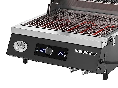 RÖSLE Elektrogrill BBQ-Portable Videro E2-P, tragbarer Tischgrill mit 2 Brennern, Warmhalterost und Deckel mit Glaseinsatz, pulverbeschichteter Stahl, schwarz/silbern