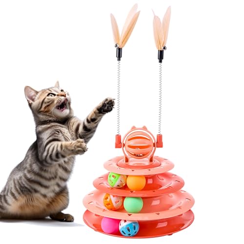 Fokauiwo Kitten Toys, Interactive Cat Puzzle Toys for Indoor Cats, Cat Tower with 2 Kitty Teasers and Ball Track (Orange)