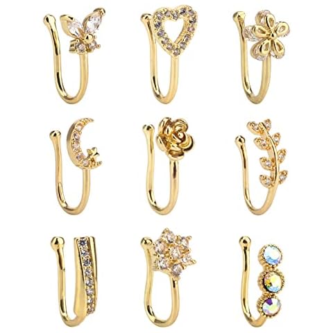 CrazyPiercing Fake Nose Ring CZ African Nose Cuffs Gold Faux Septum Nose Rings Clip on Nose Jewelry for Woman Non Pierced Jewelry (9 Clip Nose Ring) Cover