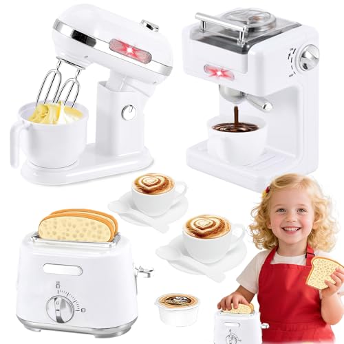 Ehome Play Kitchen Appliances Toy Set Pretend Kitchen Food Accessories with Coffee Maker,Toaster and Blender Toddler Cooking Playset Ages 3 4 5 6 Boys Girls Birthday for Kids (White)