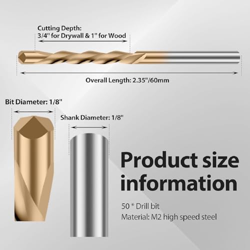 1/8 Inch Drywall Bits 50PCS, Spiral Saw Tip Bit Brocas para Drywall Set, Guide Point Cutting Router Bits for Drywall Wood Woodworking Use (50PCS Gold Style) - Thumbnail 2
