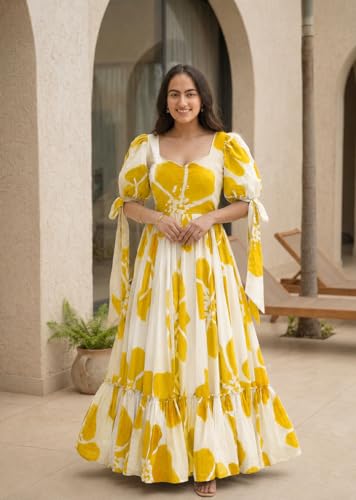 Image of Modestouze Attires Women's Floral Pattern Rayon Blend Maxi Dress with Sweetheart Neck Half Puff Sleeve Floor Length and Zipper Closure Type | Maxi Dress for Women Stylish | Dress for Women