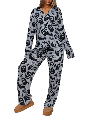 REORIA Funny Halloween Pajamas Women Button Up 2 Piece Pajama Set Sleepwear Grey Pumpkin Small