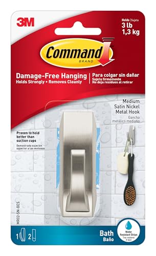 Command Bath Hook, Medium, Satin Nickel Metal - Water Resistant - 1 Medium Hook and 2 Adhesive Strips - Hang Towels, Robes and Other Bathroom Accessories - Ideal to Avoid Drilling Through Tiles