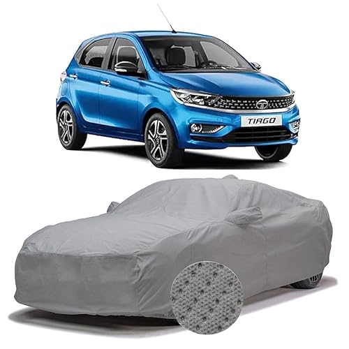 Image of Sulfar 100% Waterproof Car Body Cover Compatible with Mirror for Tata Tiago (Triple Stitched, Full Bottom Elastic, Grey-TB)