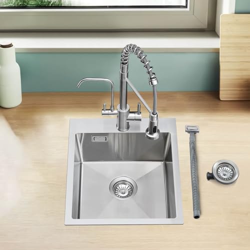 ROVOGO 50 x 38 cm Edelstahl 304 Gebürstet Spülbecken Küche mit Siebkorbventil und Überlaufgarnitur, Küchenspüle mit Loch für Armatur, Einbauspüle Spüle Küche 1 Becken