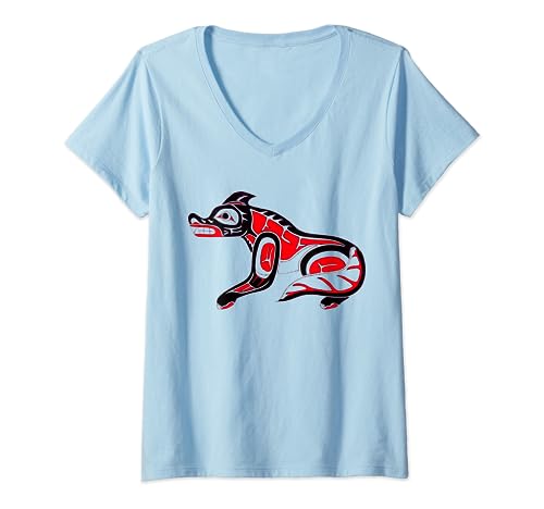 Pacific Northwest Coast Wolf Nativo Americano Indiano Maglietta con Collo a V