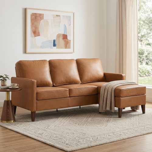 CANMOV Faux Leather Sectional Sofa with Reversible Chaise, L-Shaped Couch with Solid Wood Feet, Mid-Century Modern Sofa Set for Living Room, Apartment, Small Space, Orange